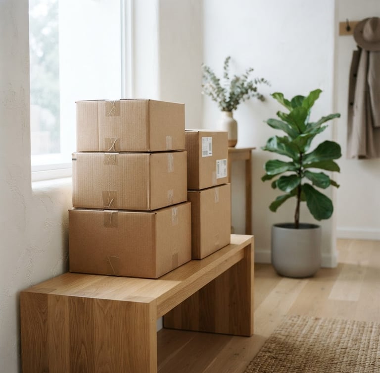 Soft natural daylight illuminating a minimal home entryway, a neatly stacked pile of unbranded cardboard shipping boxes on a clean wooden bench, a green potted leaf in the background, sharp focus.