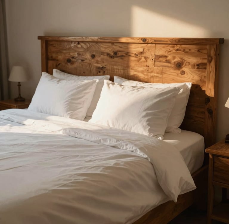 Warm editorial photography of a cozy hotel room with rustic wooden headboard, crisp white linens, soft morning light, elegant Romanian details