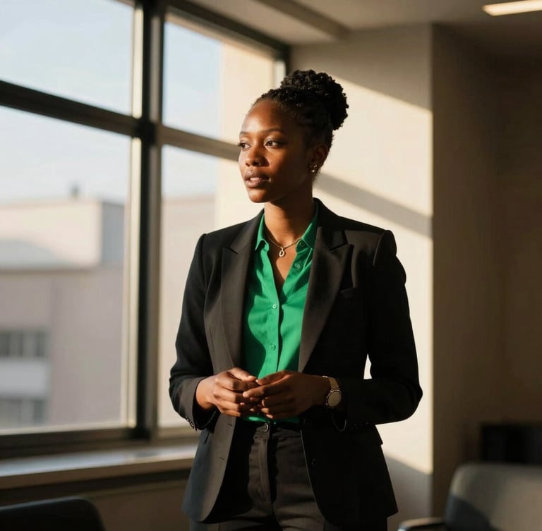 Active mid-shot of Elena in professional attire, speaking at a digital health forum, warm West African sunlight streaming through windows, editorial style.