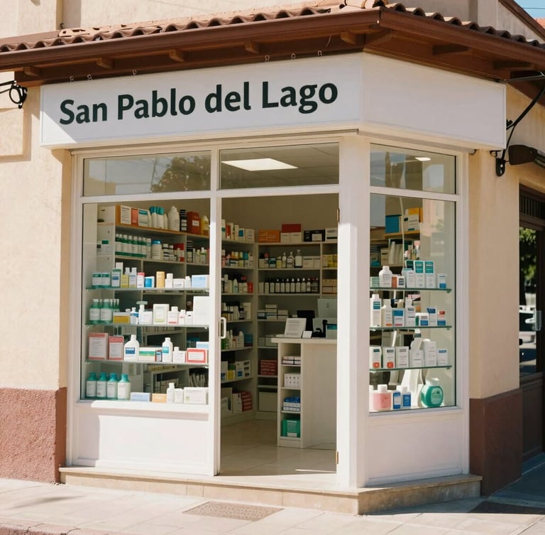 Bright natural daylight photo of a clean pharmacy storefront corner in San Pablo del Lago, warm welcoming atmosphere, 35mm