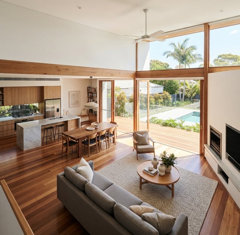 Wide shot of a modern, open-plan living room with natural light, timber flooring, and clean architectural lines, seen from a high angle, warm Australian daylight, off-center subject.