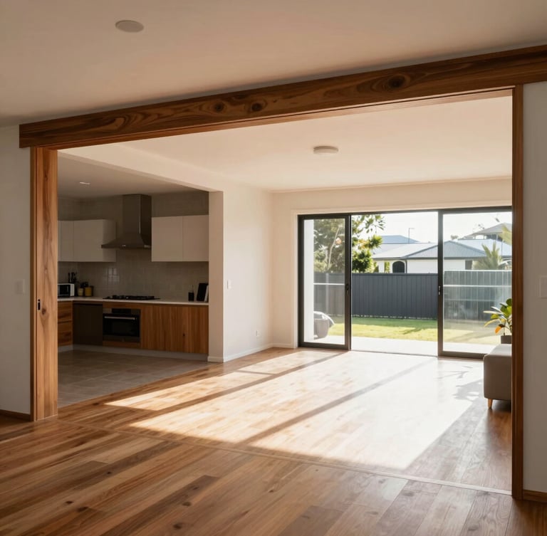 Before and after shot of a Brisbane home's living area, showing a dramatic transformation from a dark, closed-off space to a bright, open-plan layout, warm Australian daylight, shot from the exact same angle.