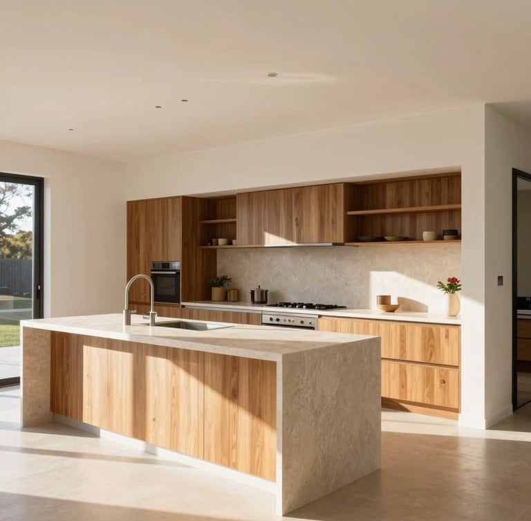 Bright, sun-drenched architectural interior, modern kitchen with timber accents and stone benchtops, wide-angle shot, clean lines, warm Australian daylight.