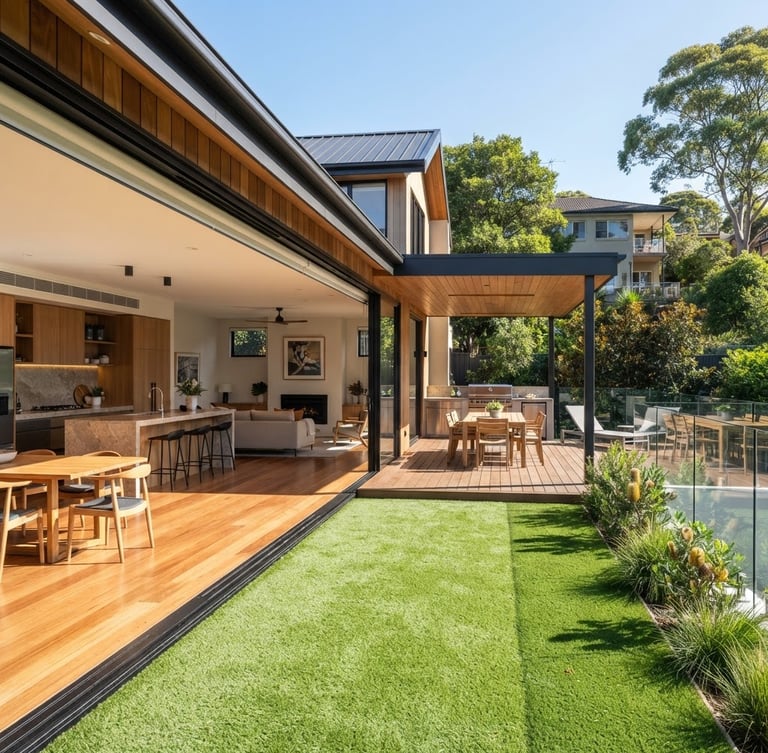 Wide shot of a luxury renovated Australian home, featuring a seamless indoor-outdoor transition to a modern deck and lush artificial grass, bright natural daylight, clean architectural lines.