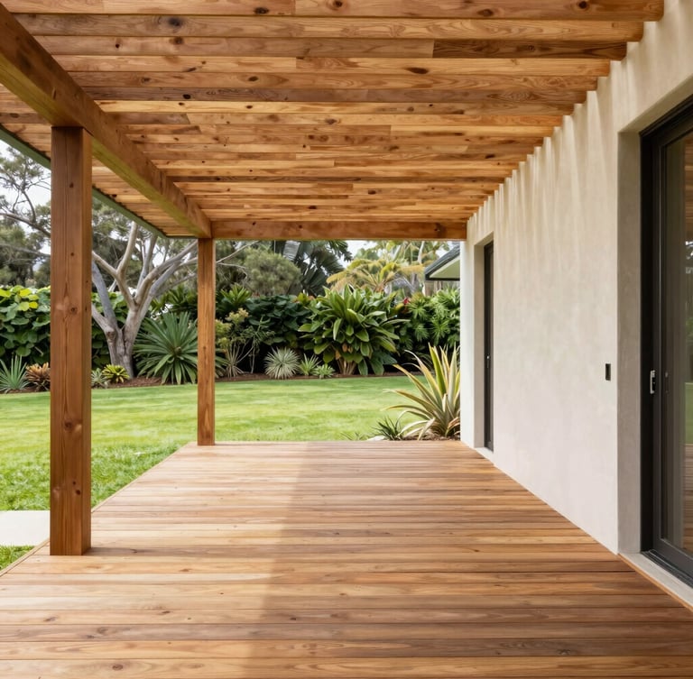 Bright architectural photo of a modern timber deck with an integrated pergola, leading to a lush green lawn, warm Australian daylight, clean horizontal lines.