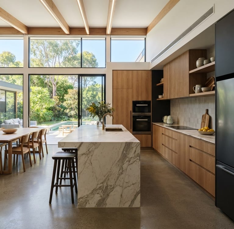 Wide shot of a modern luxury kitchen with stone benchtops, integrated appliances, and warm timber accents, bathed in bright Australian daylight, architectural perspective, sharp focus.