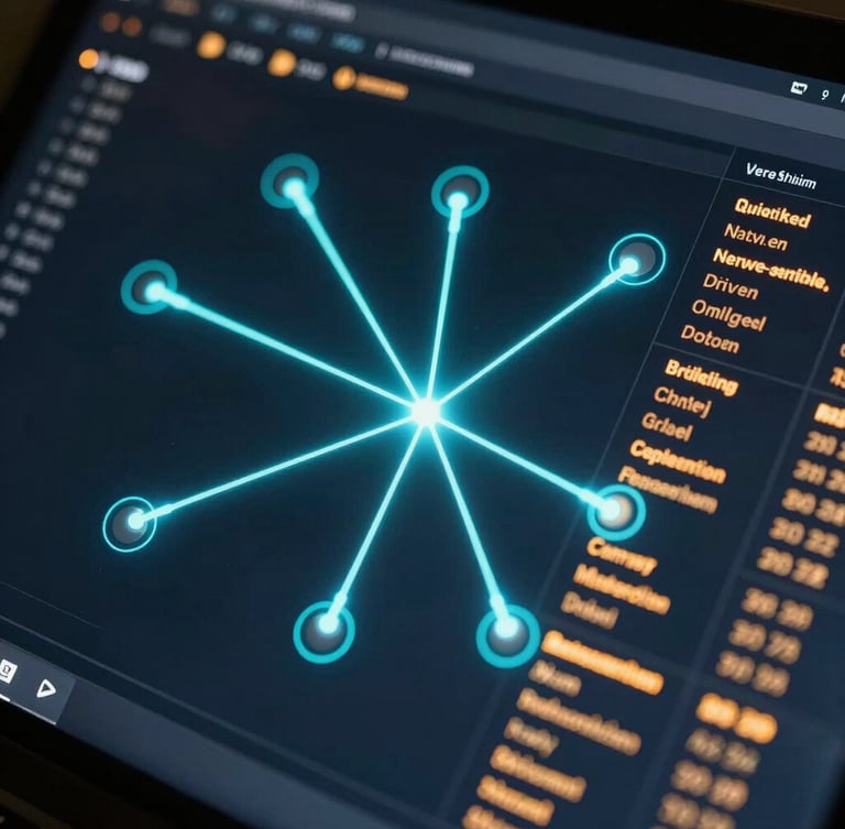 Extreme close-up of a dark-themed technical UI showing real-time neural network bidding nodes, glowing electric-cyan lines, and amber performance indicators on an obsidian screen.