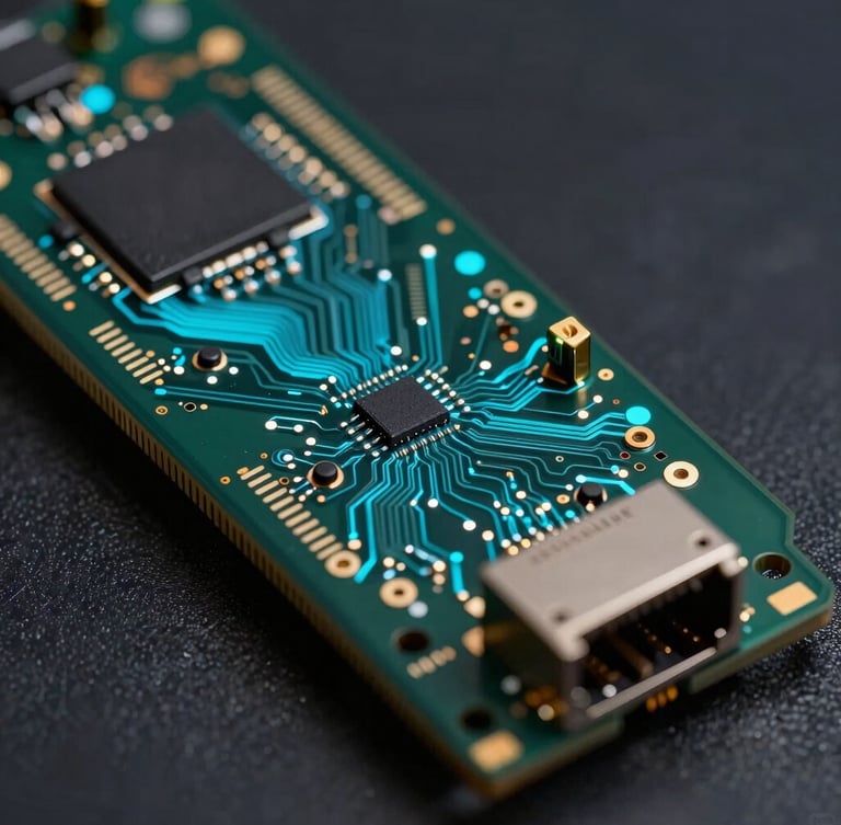 Macro close-up of a high-performance network interface card, glowing electric-cyan circuits, dark obsidian background, sharp focus
