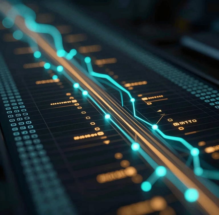 Abstract dark-themed data visualization of a real-time bidding stream, glowing cyan nodes and amber data paths, high-contrast studio lighting