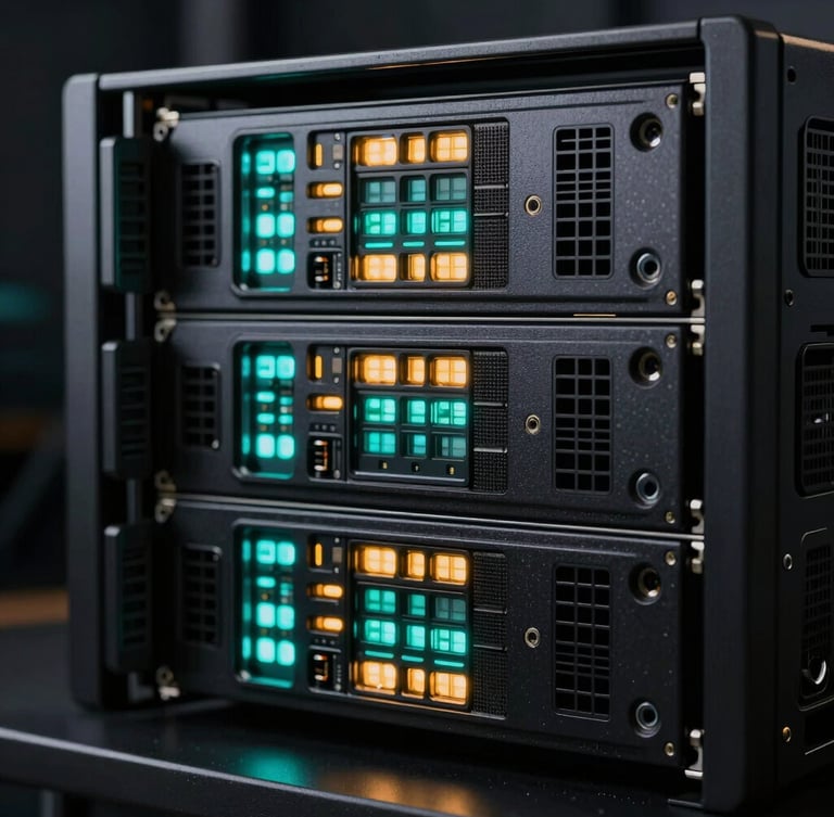 Extreme close-up of high-performance server rack hardware, glowing electric-cyan and amber telemetry lights, dark obsidian finish, low-key contrast studio lighting
