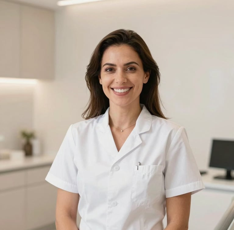 Professional portrait of a female dentist, Dra. Mylena, smiling warmly in a bright, modern, minimalist boutique office setting, soft daylight