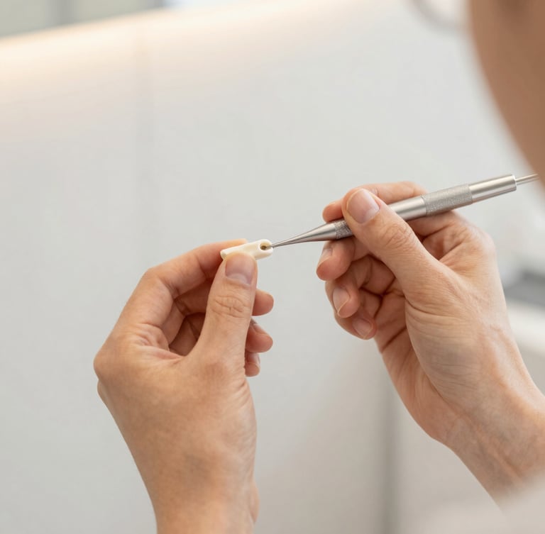 Close-up of a dentist's hands holding a delicate ceramic restoration tool under warm, soft daylight. Clean minimalist marble background, professional and serene atmosphere.