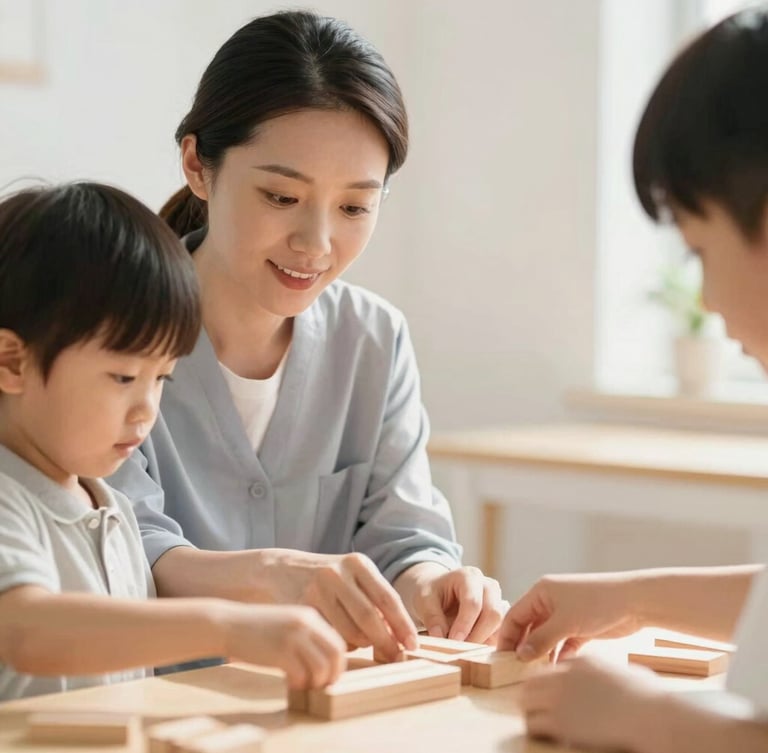 A professional educator at eye level with a young child, guiding their hands on tactile wooden blocks in a bright room with natural diffused daylight, warm editorial style