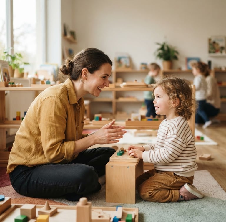 Warm editorial photography, bright natural daylight, an educator interacting with a young child at eye level in a structured classroom, shallow depth of field.