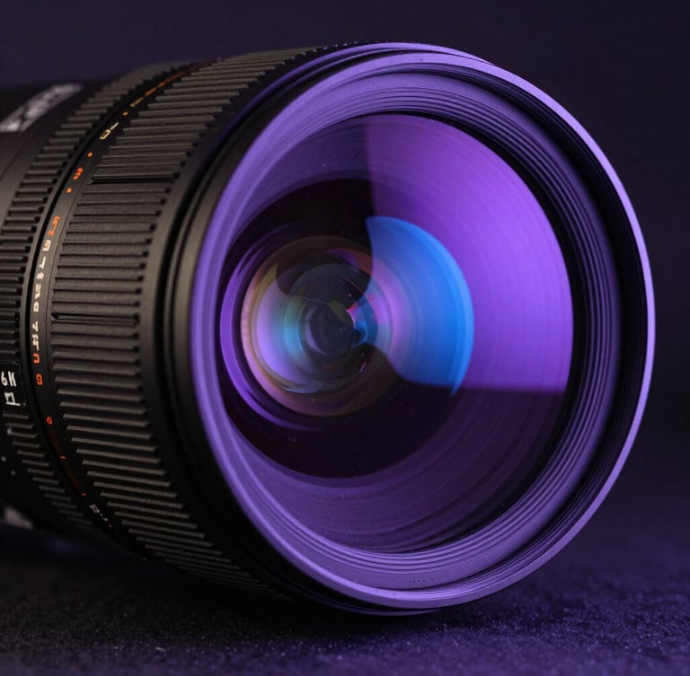 Cinematic close-up of a high-end anamorphic camera lens, deep purple and electric blue neon reflections on the glass, dark studio background, shallow depth of field.