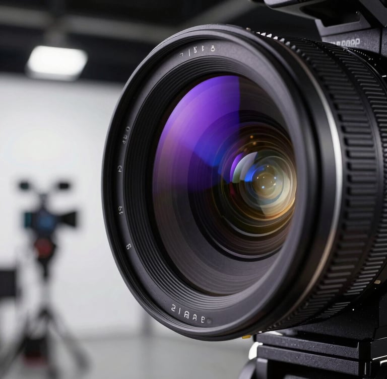 Extreme close-up of a high-end cinema camera lens. The glass element reflects vibrant purple and deep blue studio lights, with a blurred background of an active video production set.