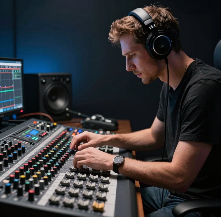 A creative director with headphones adjusting a professional audio mixer, dark studio background with moody blue backlight, side profile, cinematic lighting.