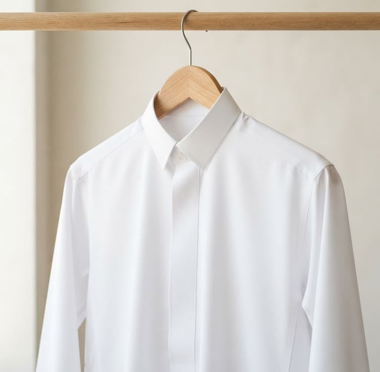 A pristine white thobe perfectly pressed and hanging on a minimal wooden hanger, soft morning light, clean background, close-up on fabric texture, 50mm, bright clean photography