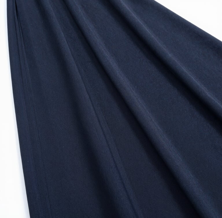 Close-up of a perfectly pressed black abaya fabric showing elegant fine weave and clean folds under bright natural light