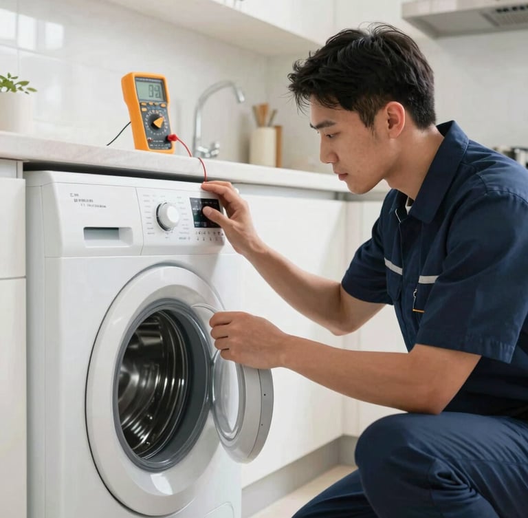A certified technician in a clean navy uniform testing a modern washing machine with a digital multimeter in a bright Dubai kitchen, sharp focus, 35mm lens.