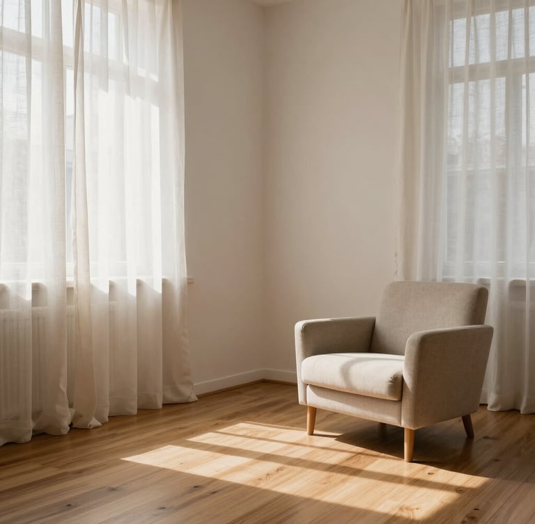 Wide environmental shot of a bright, minimalist psychotherapy studio in Rome, soft sunlight filtering through linen curtains onto a warm wooden floor and a comfortable fabric armchair
