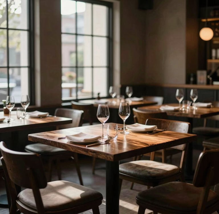 An empty elegant dining room of a high-end restaurant in warm morning light, empty rustic tables, soft shadows, sophisticated atmosphere, editorial photography