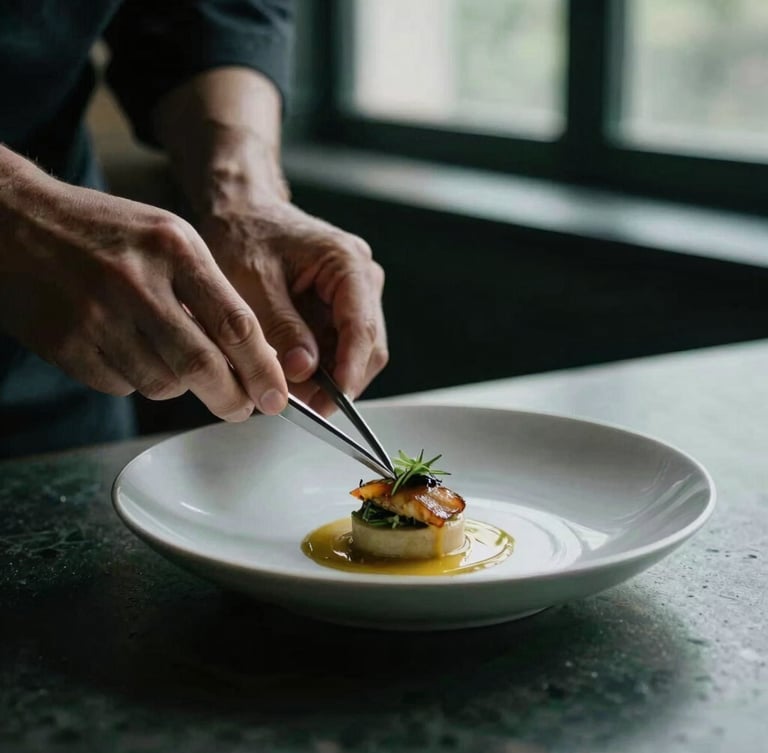 Close-up of chef hands plating a minimalist dish with tweezers under soft natural window light, dark green background, moody editorial culinary photography, 35mm