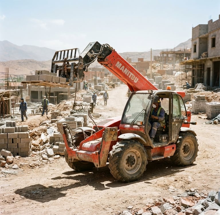 Rugged Manitou telehandler operating on a dusty construction site in Morocco, harsh midday sun reflecting off red metal chassis, high contrast, 35mm