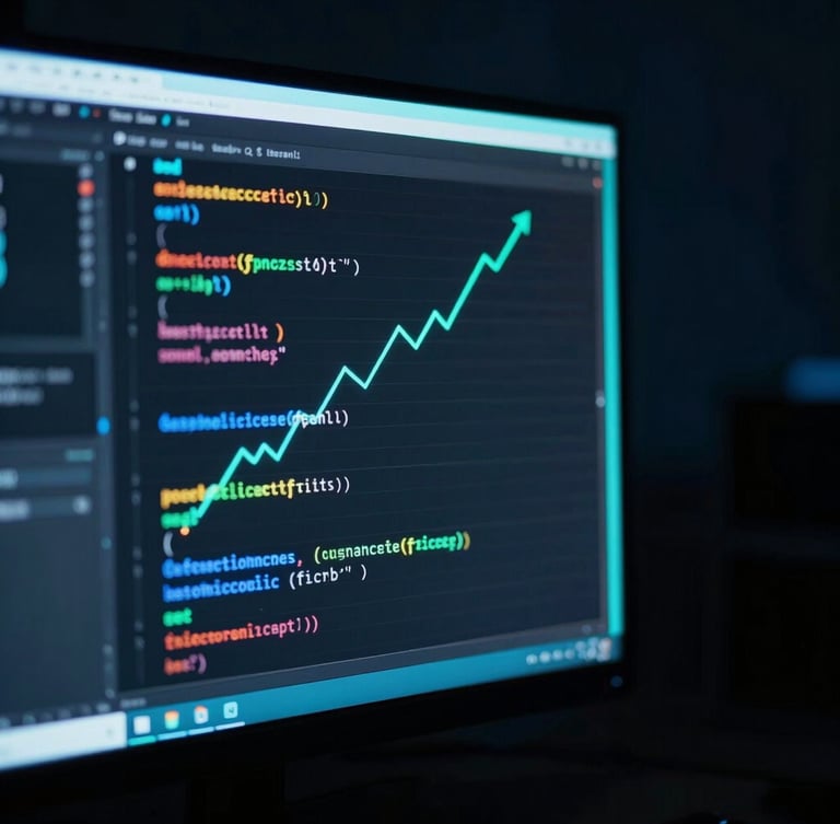 Sleek dark-mode technology photography, cool neon-cyan backlighting, macro shot of clean code on a monitor beside analytics showing an upward trend