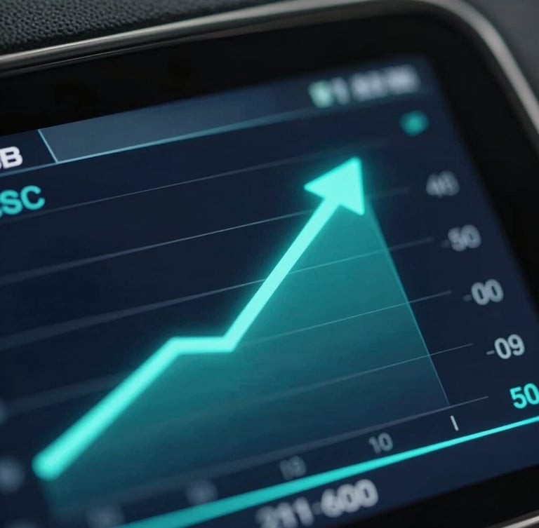 Macro depth of field shot of a sleek dashboard showing upward revenue trends, high-contrast cool studio lighting, neon-cyan accents