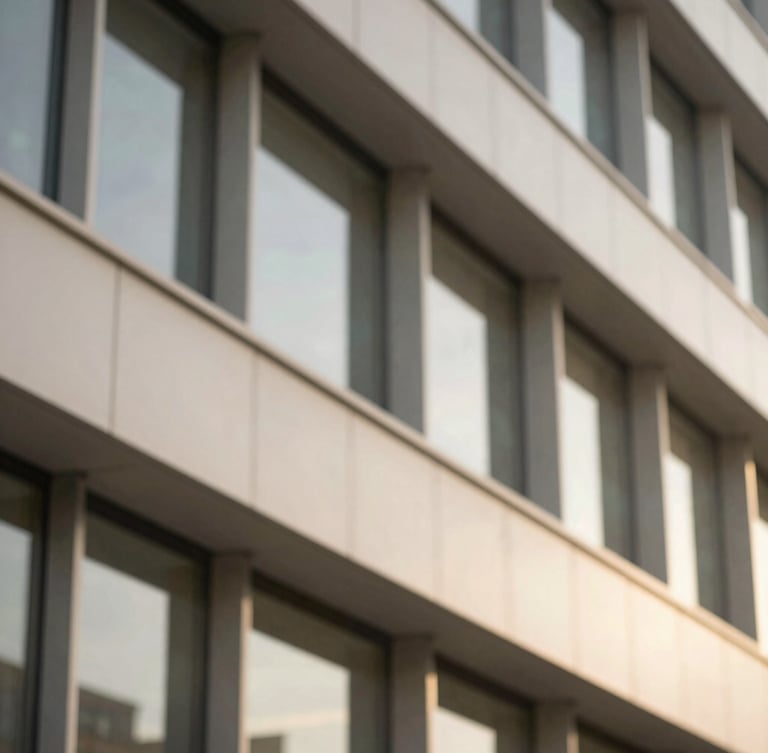 Close-up of modern architectural details in a clean, sophisticated office building, warm natural light, muted corporate tones, shallow depth of field.