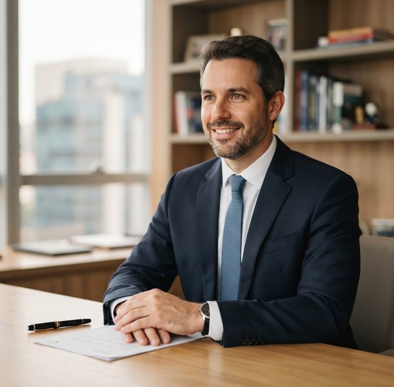 Professional portrait of Dr. Irineu Albernaz, a man in his 40s, confident and approachable, in a modern office with natural wood accents, soft window light, shallow depth of field, 35mm, looking slightly off-camera, neutral background.