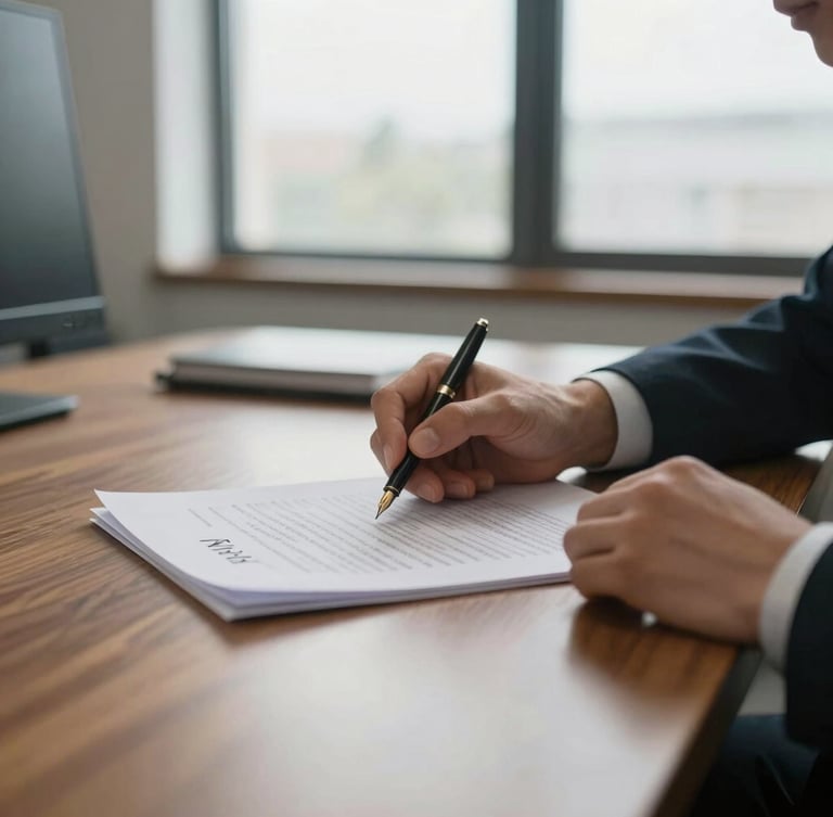 Close-up of hands reviewing legal documents on a polished wood desk, a fountain pen resting beside them, soft natural light from a window illuminating the scene, shallow depth of field, 35mm, modern office interior.