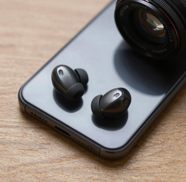 Close-up of a sleek metallic smartphone and wireless earbuds on a wood texture, soft side lighting, sharp focus on product details