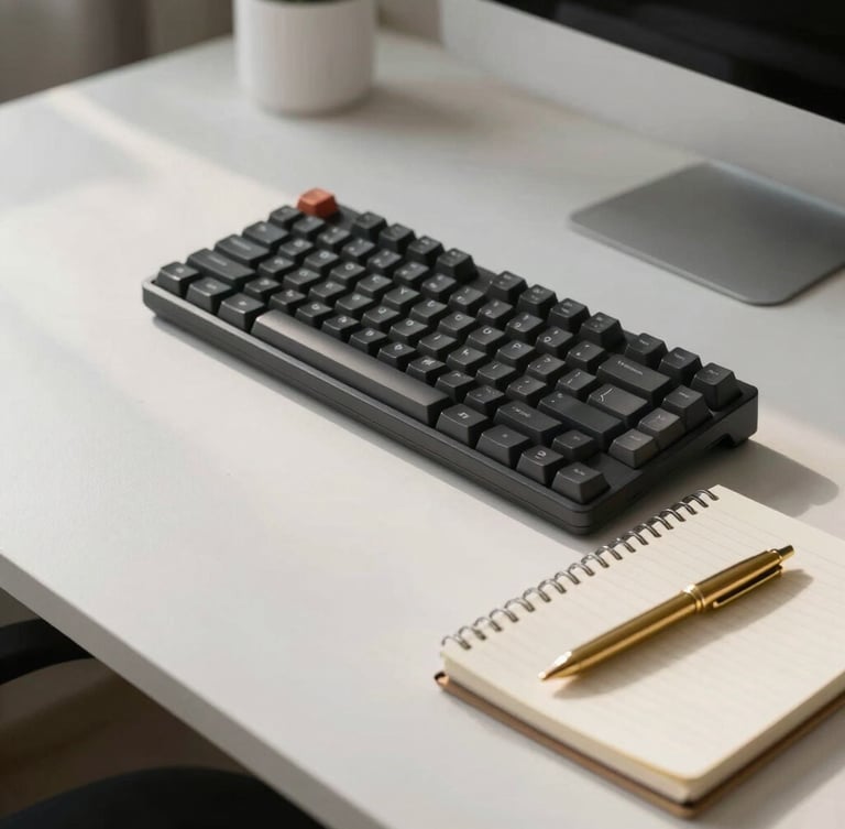 Minimalist home office desk setup with a mechanical keyboard, a clean notebook, and a brass pen under soft natural morning light, editorial style
