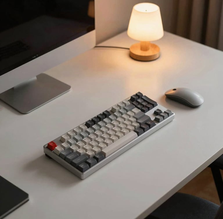 High-angle shot of a modern, organized home office desk with a clean mechanical keyboard, minimalist mouse, and warm desk lamp light, editorial tech style