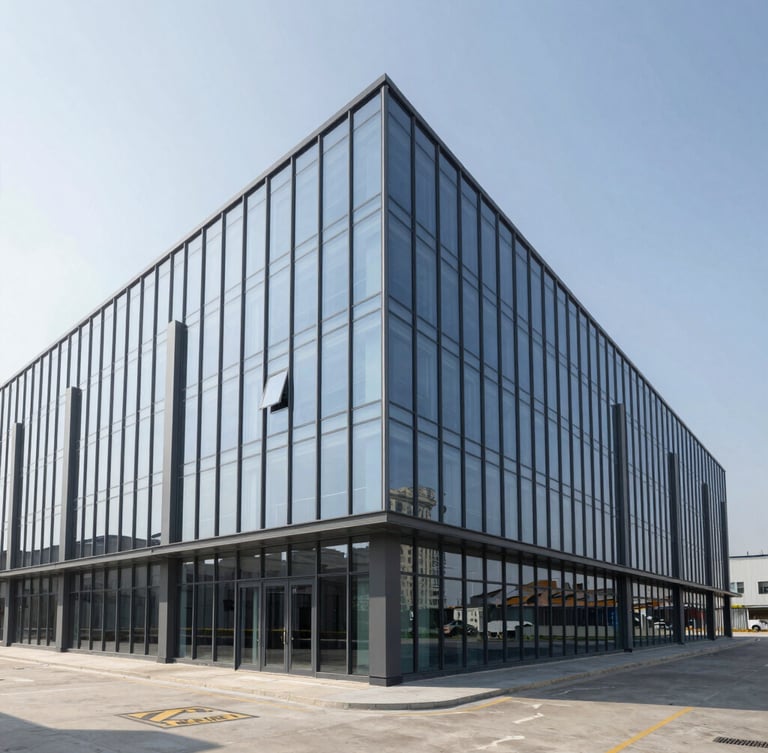 Wide architectural shot of a modern clean industrial facility with glass windows, cool daylight, sharp perspective lines, technical precision.