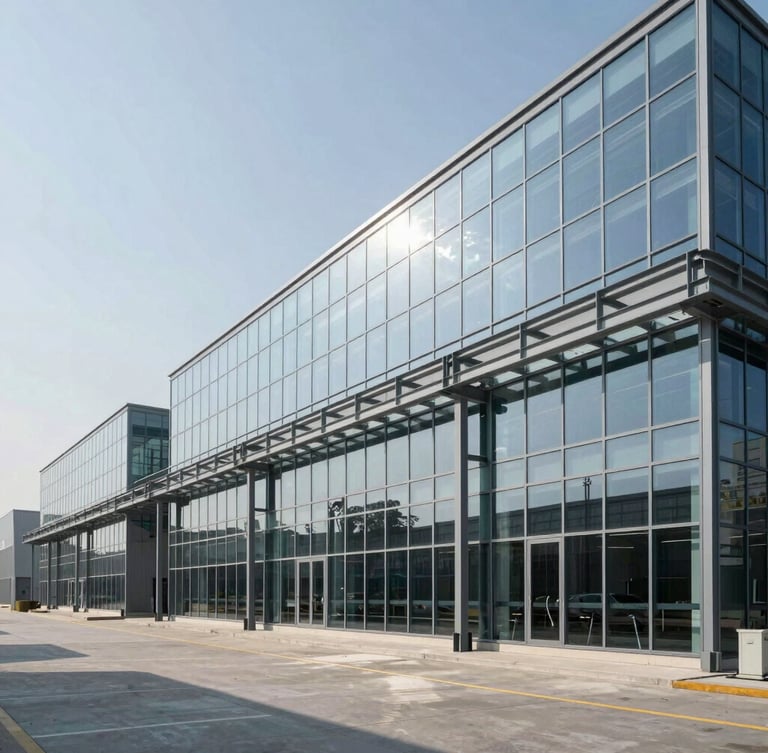 Wide architectural view of a modern clean industrial facility with glass panels, cool daylight, structured steel frames, and negative space on the left.