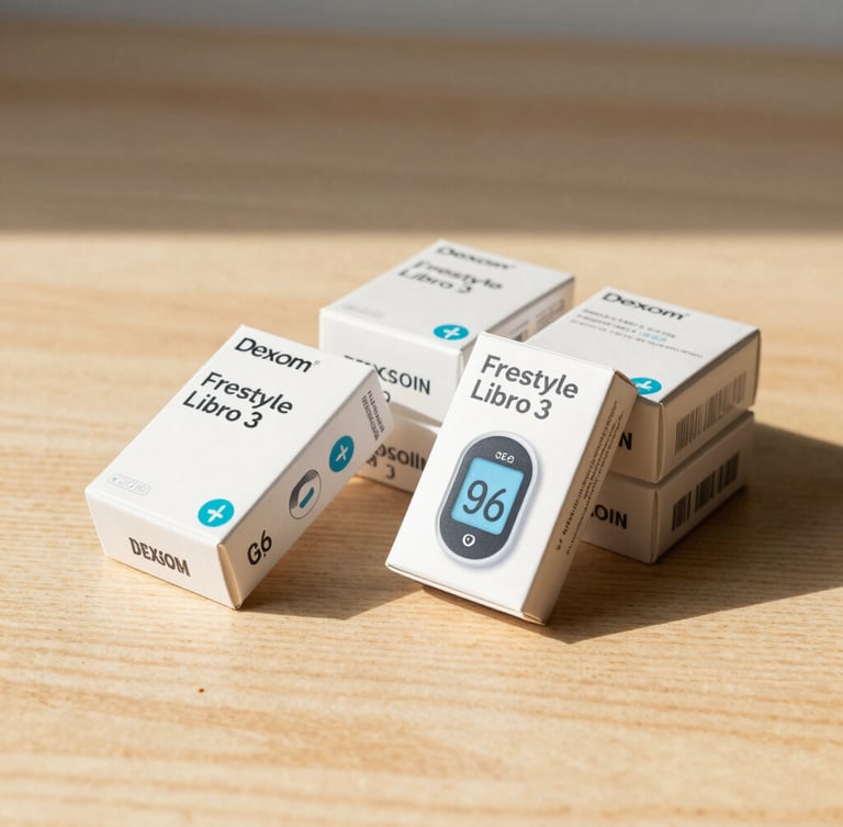 Prism-like arrangement of factory-sealed Dexcom G6 and Freestyle Libre 3 boxes resting on a clean, sunlit wooden surface with soft desert shadows.