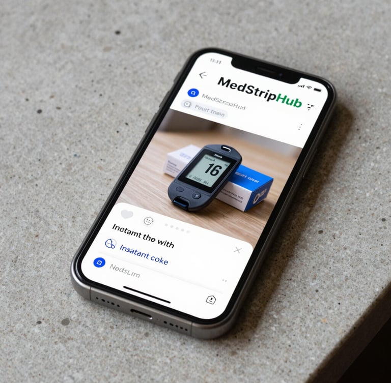 A smartphone showing a friendly text message conversation with MedStripHub, displaying a photo of a Dexcom G7 box and an instant cash offer response, resting on a clean stone counter.