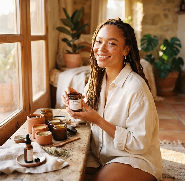 Warm, sun-drenched portrait of a diverse model with healthy, glowing skin, next to open jars of organic daily oils on a terracotta surface, soft natural shadows, golden-hour window light, tactile textures, wide shot.