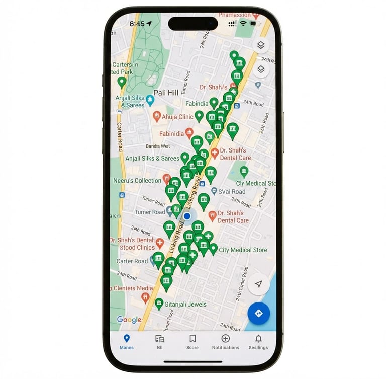 A clean mobile screen mockup displaying Google Maps with vibrant emerald green location pins highlighting local Indian showrooms and clinics, bright natural daylight, 35mm