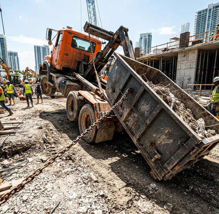 Low-angle dynamic shot of a massive safety-orange flatbed truck dropping off a steel roll-off container on a gritty Miami job site, harsh midday sun, industrial chains, wide-angle lens