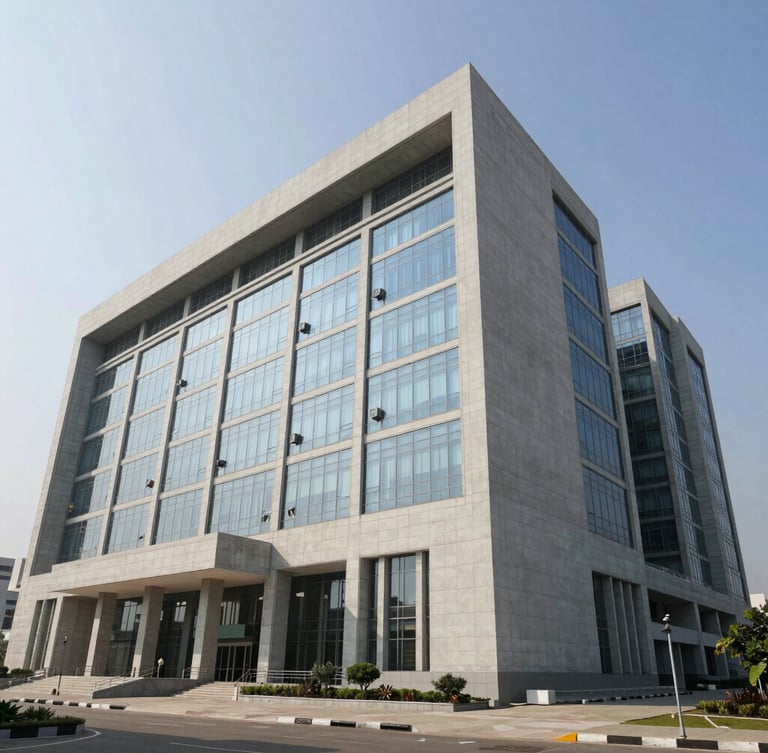Wide-angle architectural shot of a massive modern government complex in India under bright daylight, clean concrete lines, structured glass facade.