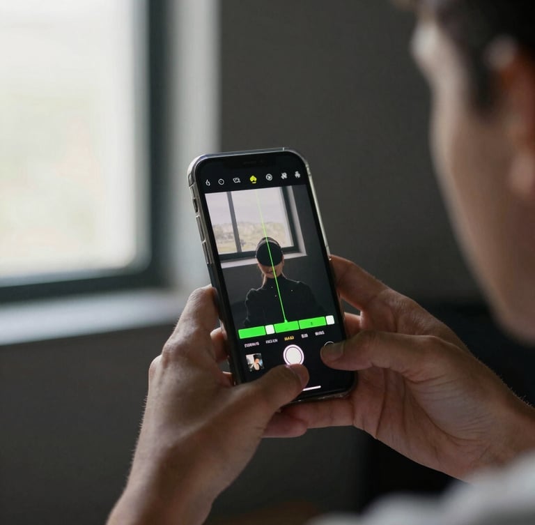 First-person POV over the shoulder shot of hands holding a smartphone, editing a video timeline with bright neon markers, direct window light, dark background.