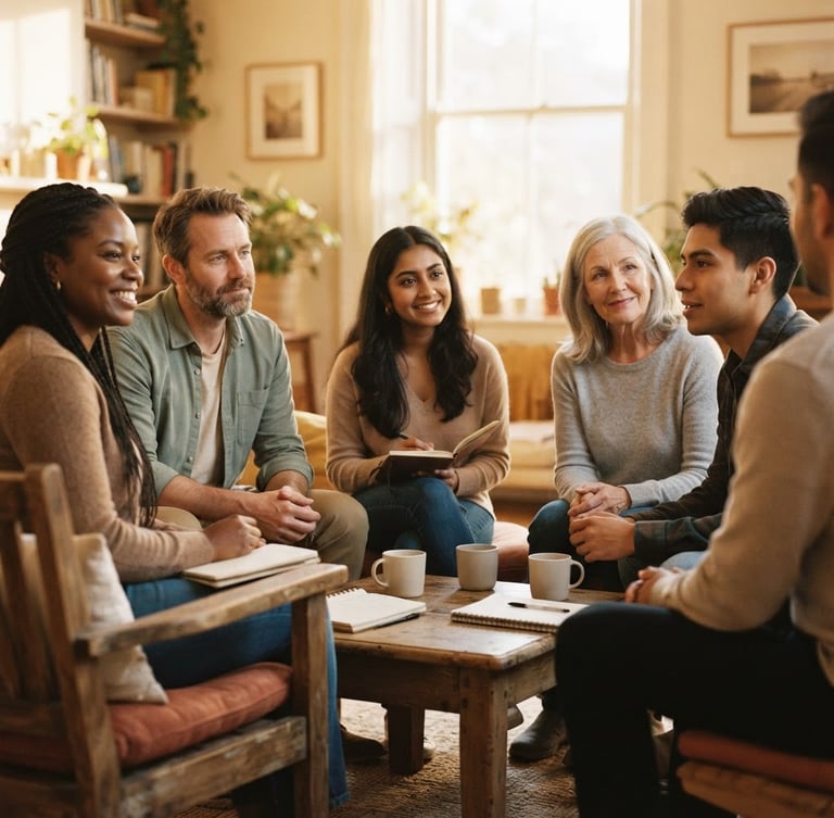Candid medium close-up of a diverse group of people sitting in a warm, sunlit circle, smiling gently and listening intently, soft golden-hour ambient light, shallow depth of field, 35mm