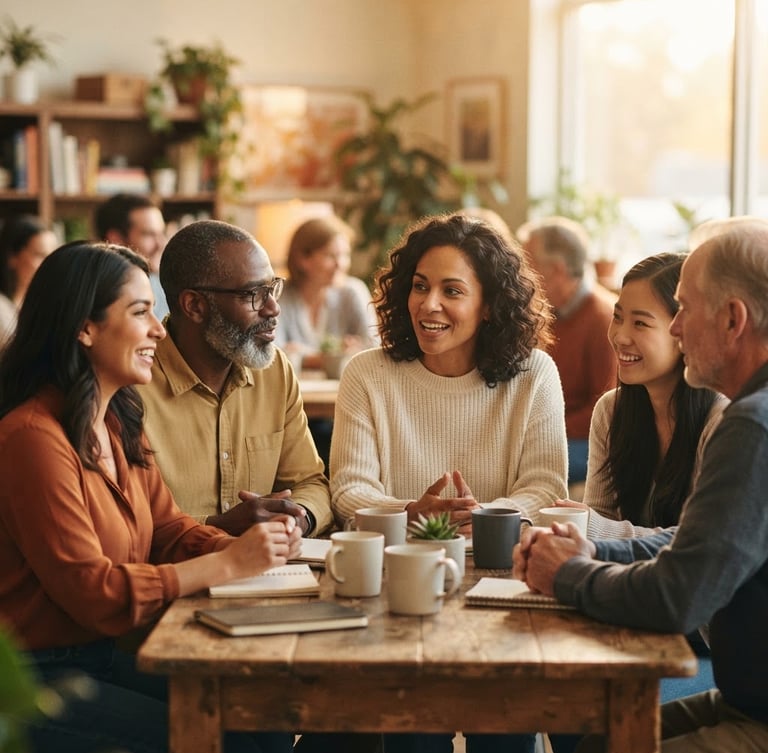 Candid medium close-up of a diverse group of people sitting in a warm, sunlit community room, talking and listening attentively, soft golden-hour ambient light, shallow depth of field, 35mm.