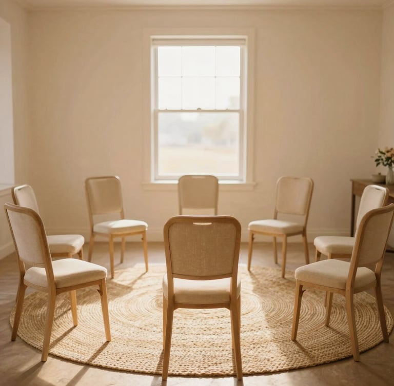 A warm, inviting community room with soft natural light streaming through a window, empty chairs arranged in a neat circle on a woven rug, calm peaceful atmosphere, 35mm