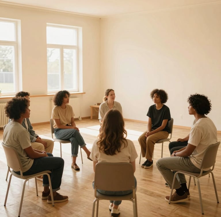 A wide-angle environmental photograph of five diverse people sitting in a comfortable circle in a warm, airy community hall, natural light pouring in, peaceful atmosphere, 35mm