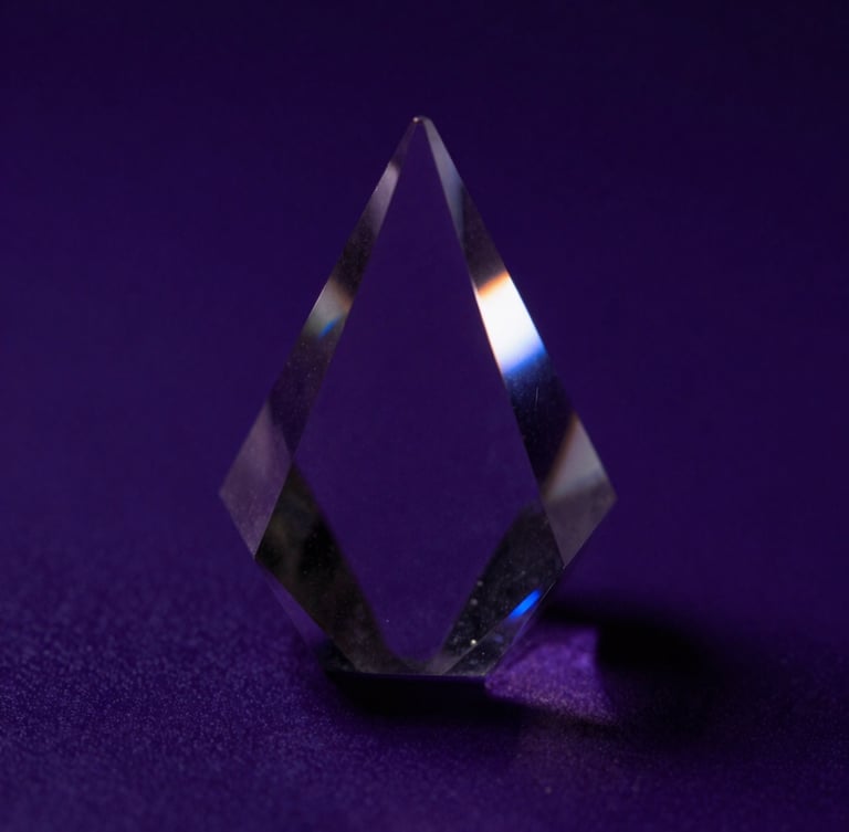 Macro close-up of light refraction through a crystal prism on a deep violet surface, high contrast chiaroscuro, 35mm lens